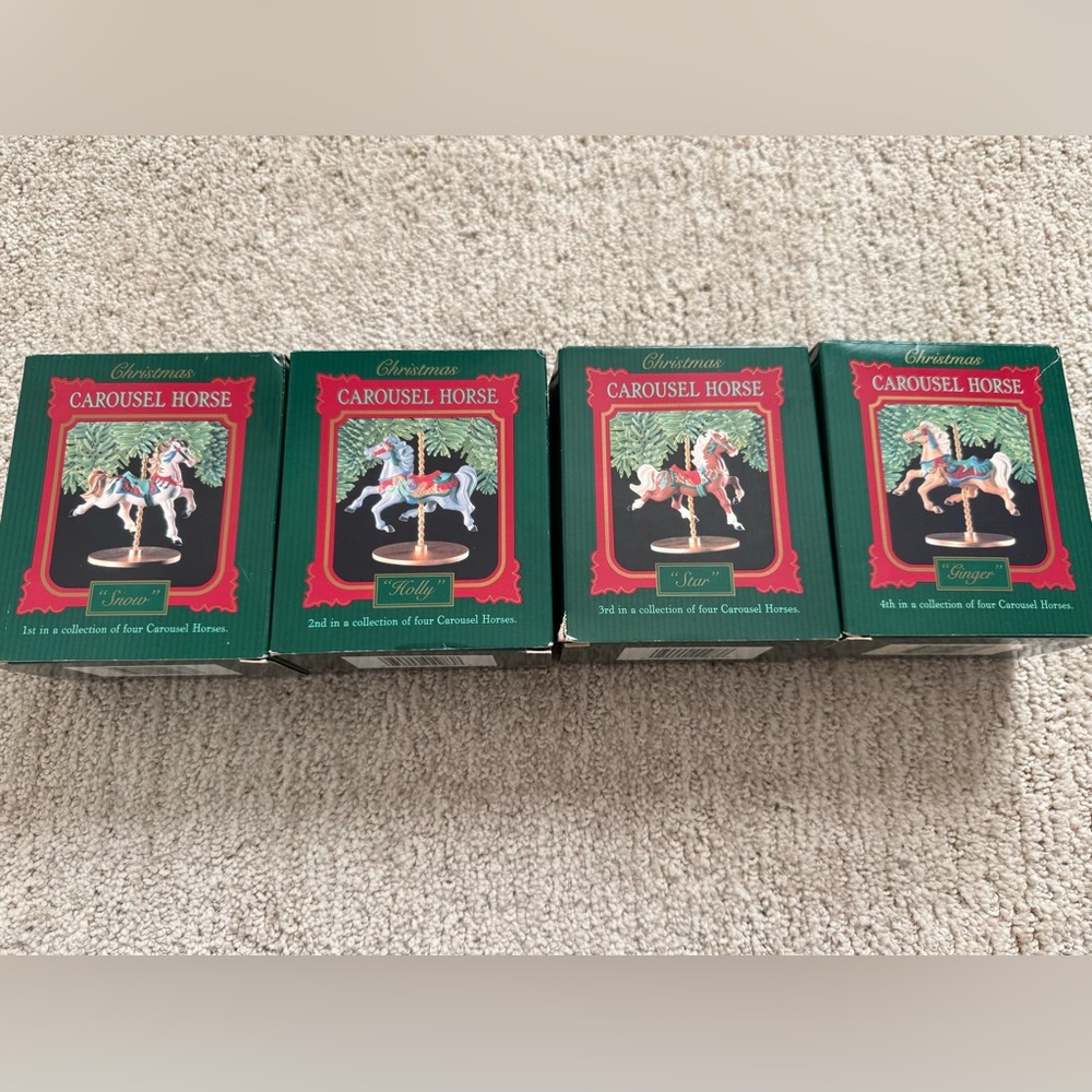 Vintage Full Set Hallmark Carousel Horses 91-94 Snow Holly Star Ginger + Boxes